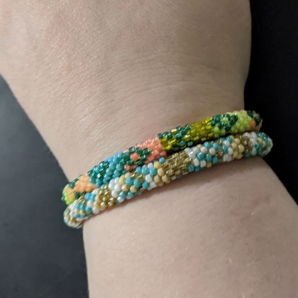 BLUE Multi Color Seed Bead Roll On Statement Bracelet - Set Of 2
